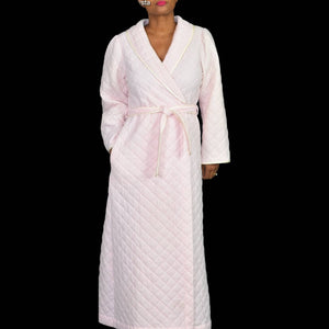 Vintage Quilted Robe Pink Candy Stripe Wrap Belted Komar USA Maxi Country Size Large