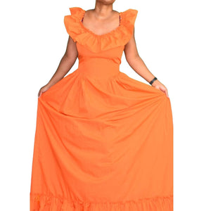 Vintage Costume Maxi Dress Orange Tangerine Prairie Ruffle Neck Sweeping Princess Size Large