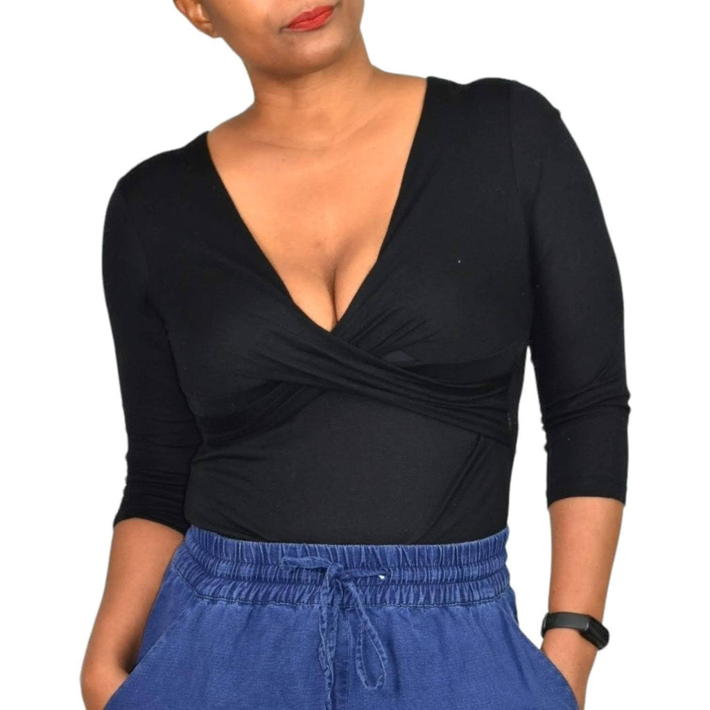 Diane Von Furstenberg Lester Top Black Twist Front Stretch Low Cut Tee Size Small
