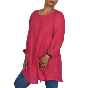 Flax Tunic Shirt Red Pocket Button Front Up Down Long Sleeve Linen Blend Size Small