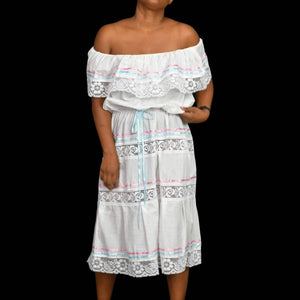Mexican Campesino Peasant Dress White Embroidery Lace Ribbon Ties Pastel One Size