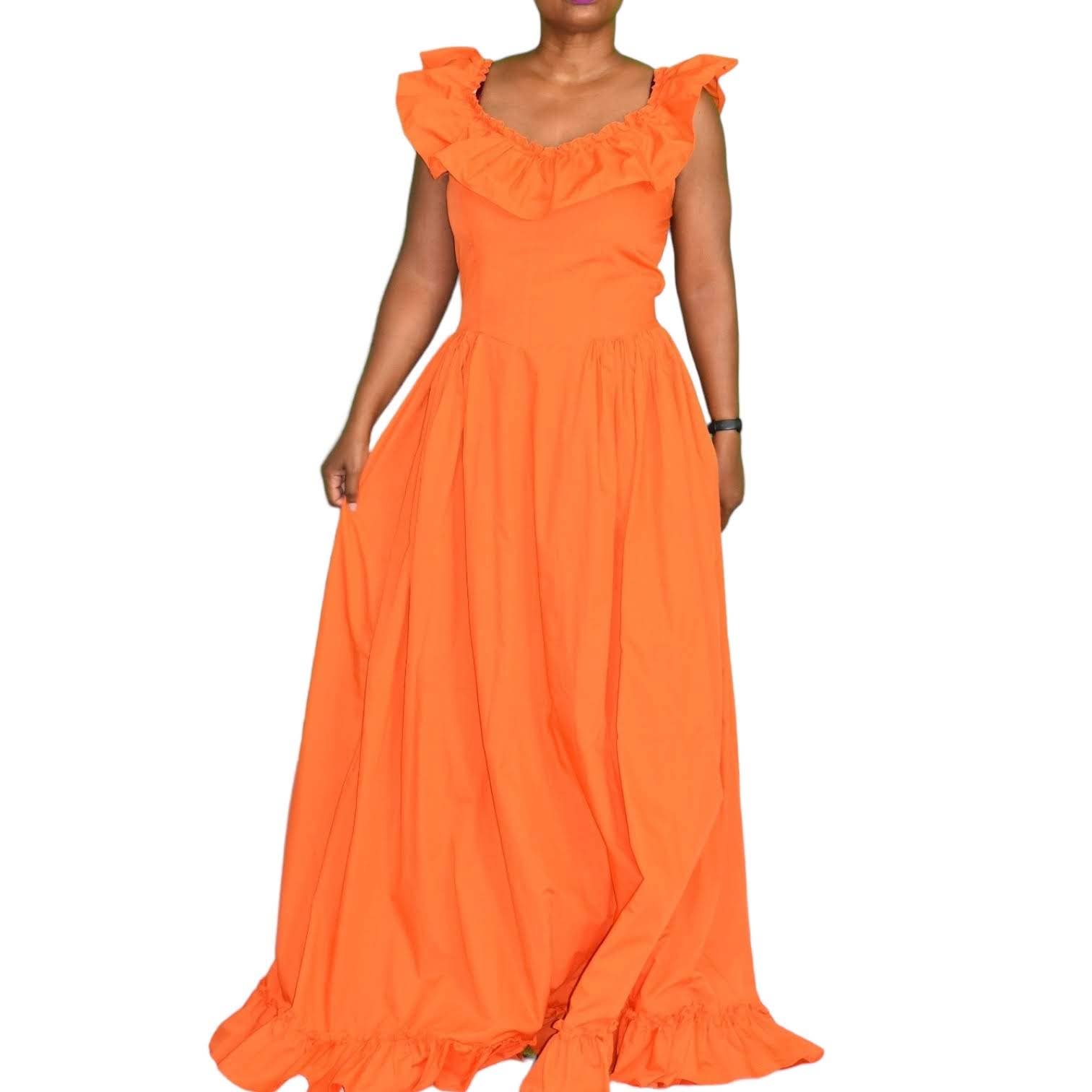 Vintage Costume Maxi Dress Orange Tangerine Prairie Ruffle Neck Sweeping Princess Size Large