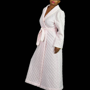 Vintage Quilted Robe Pink Candy Stripe Wrap Belted Komar USA Maxi Country Size Large