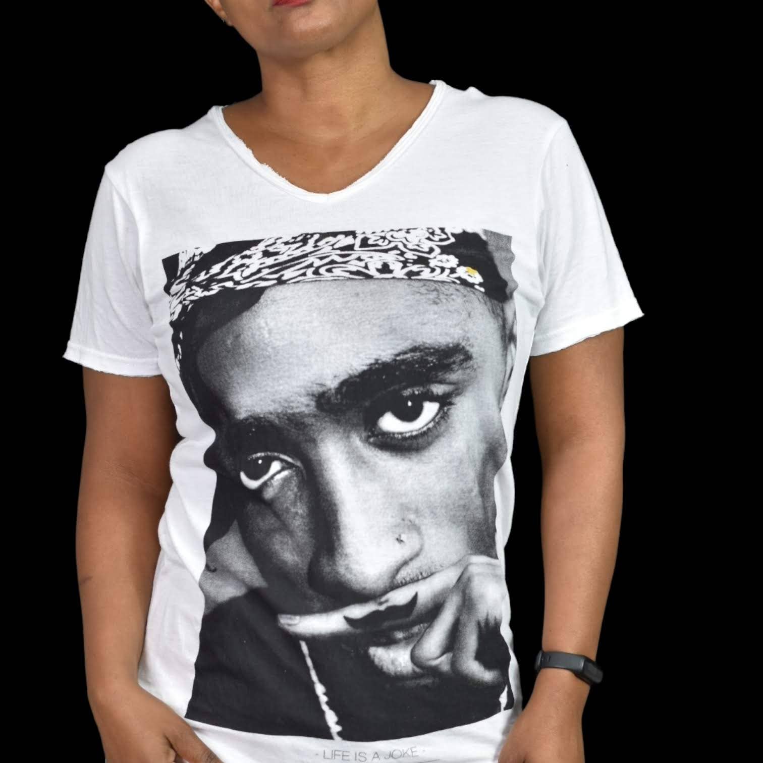 Eleven Paris Tupac Tee White and Black Life is A Joke Shirt V Neck Graphic Size Small