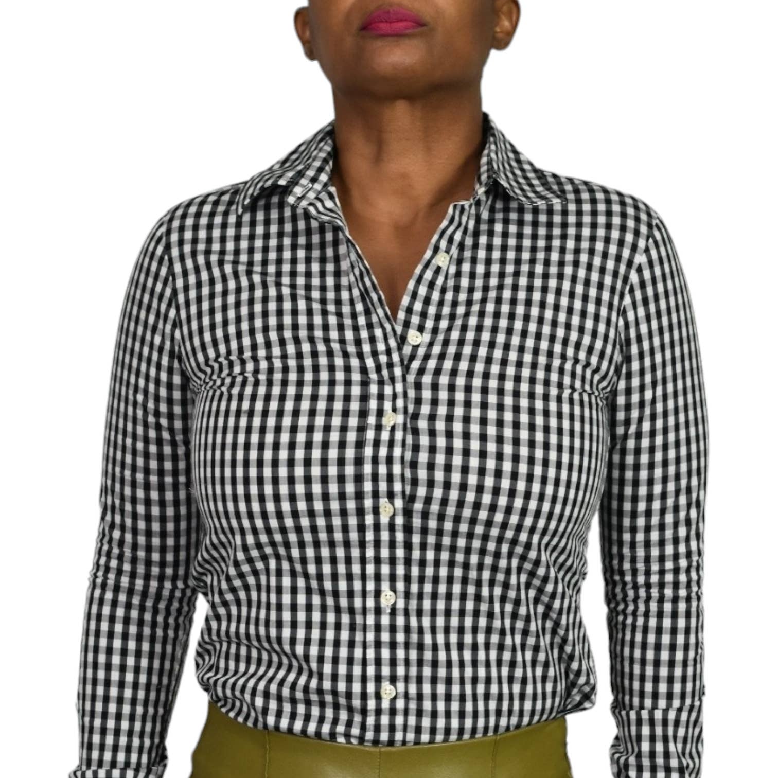 The Shirt Rochelle Behrens Icon Black Check Gingham White Button Front Tailored No Gape Stretch Size XS
