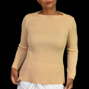 Vintage Daddys Money Ribbed Sweater Tan Camel Bell Sleeve Boat Neck Knit Size Medium