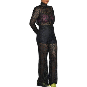 Black Lace Jumpsuit Sheer High Neck Scalloped Mesh Long Sleeves Straight Leg Size XS