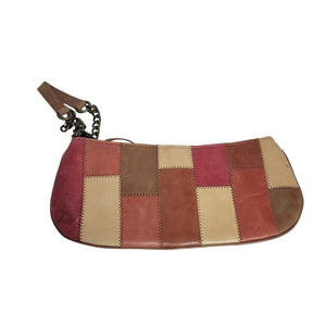 Fossil Patchwork Wristlet Bag Brown Multicolor Leather Chain Retro Pouch Wallet Vintage