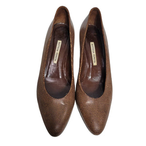 Vintage Bottega Veneta Heels Brown Pumps Snakeskin Embossed Leather Round Toe Bow Size 8.5 AA Narrow