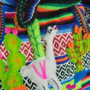 Peru Arpilleras Backpack Blue Woven Blanket Bag Alpaca Colorful Folk Art Patchwork Burlap Cusco