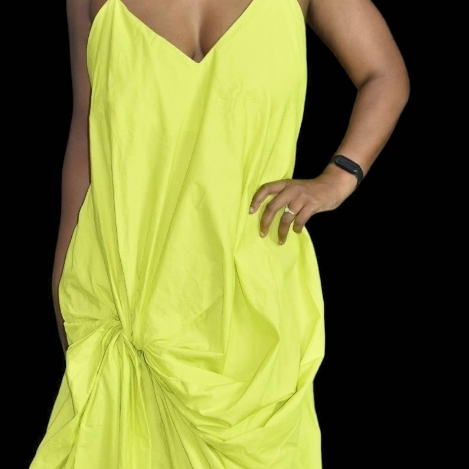 Zara Knotted Dress Yellow Highlighter Neon Poplin Midi Slipdress Draped Asymmetric Size Large
