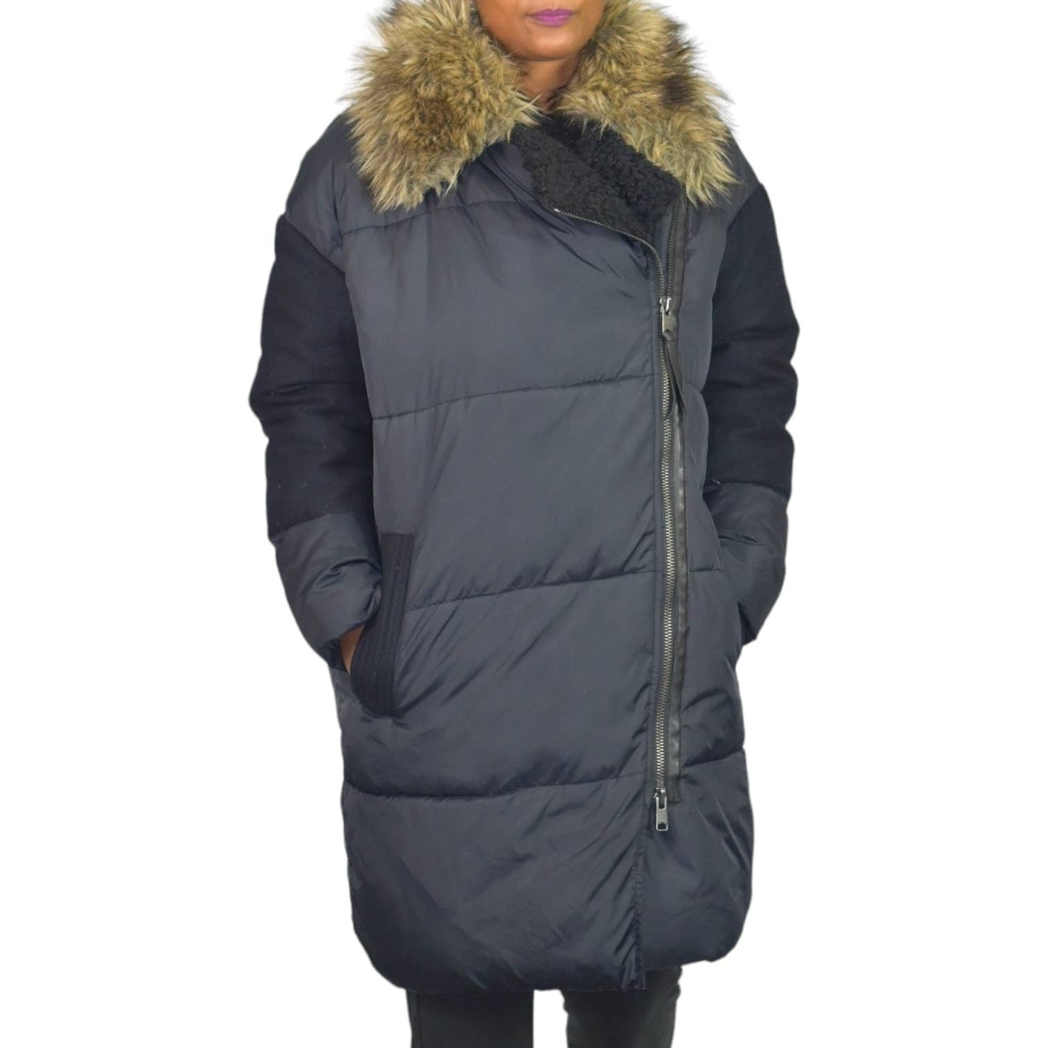 AllSaints Elita Puffa Parka Black Faux Fur Collar Puffer Coat Asymmetric Winter Size Medium