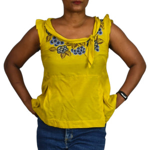 Anthropologie Floreat Embroidered Top Yellow Bateau Boat Neck Ruffle Cap Sleeve Blouse Size 6