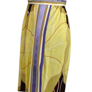 Vintage 70s Maxi Dress Purple Yellow Joseph Brennan Column Straight Linen Print Size XS