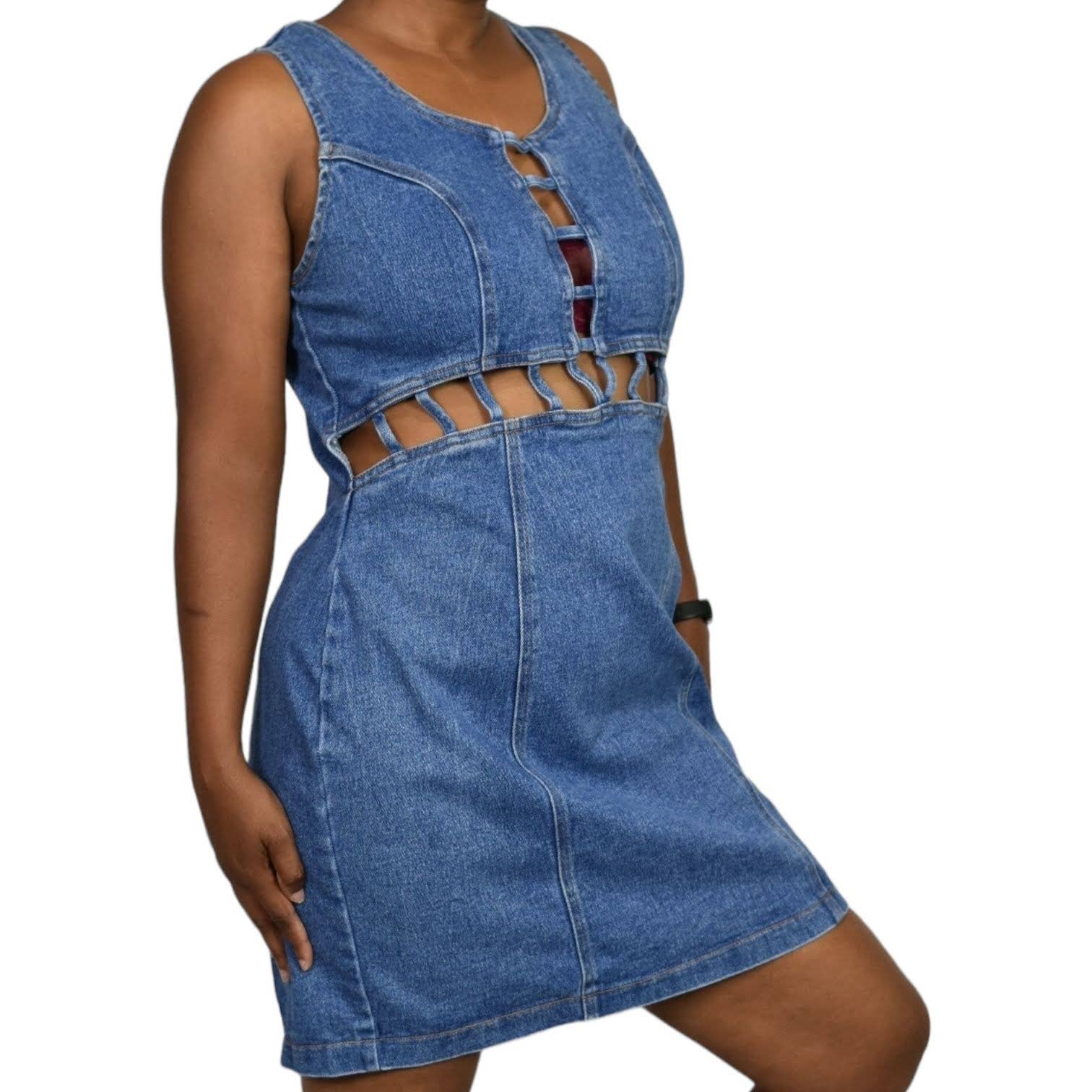Vintage Denim Dress Blue Bodycon Cutouts Caged Lattice Stretch Mini Pencil Size Large