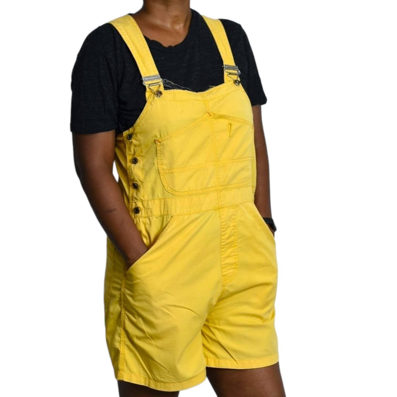 Vintage Bib Overalls Shorts Yellow Cotton Denim Shortalls 90s Y2k Dungarees Size Medium