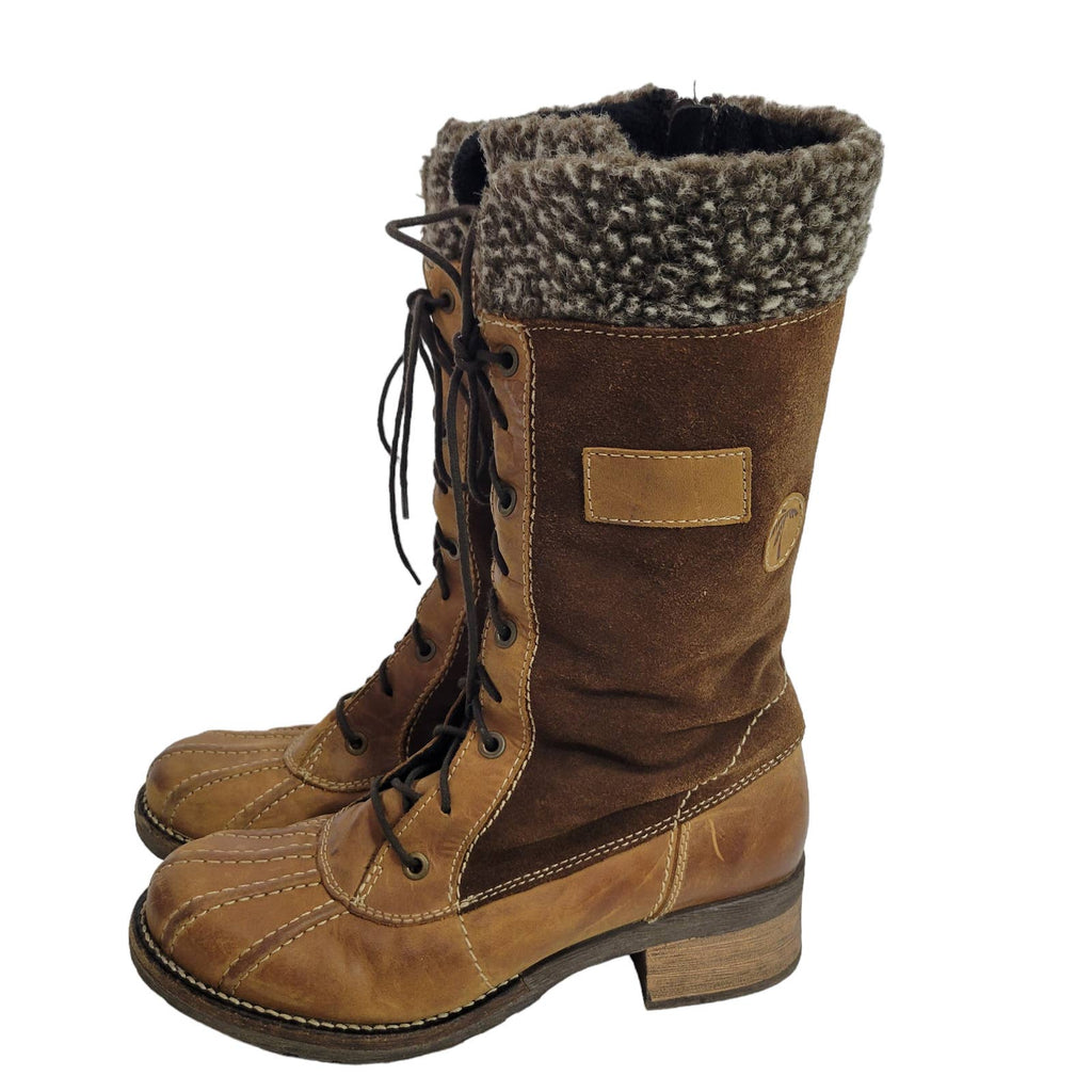 Dromedaris Kayla Boots Brown Tan Leather Sherpa Duck Comfort Eco Mid Calf Winter Size 8