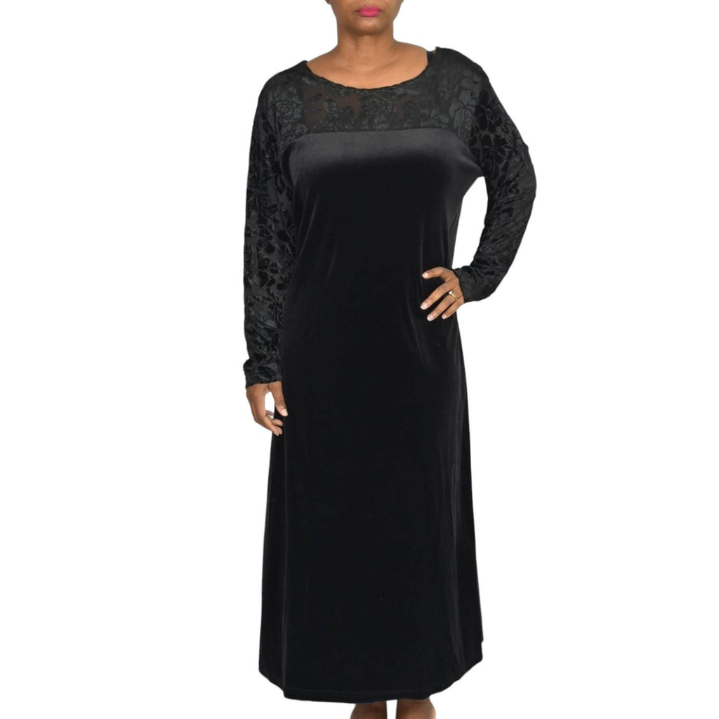 Vintage Diane Von Furstenberg Dress Black Velvet Burnout Long Sleeves Straight Column Maxi Plus Size 1X