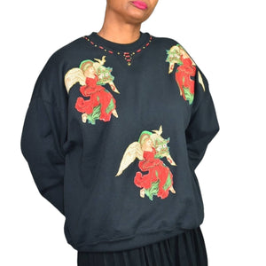 Christmas Angels Sweatshirt Black Homemade Painted Fruit of the Loom DIY Holiday Festive Size XL