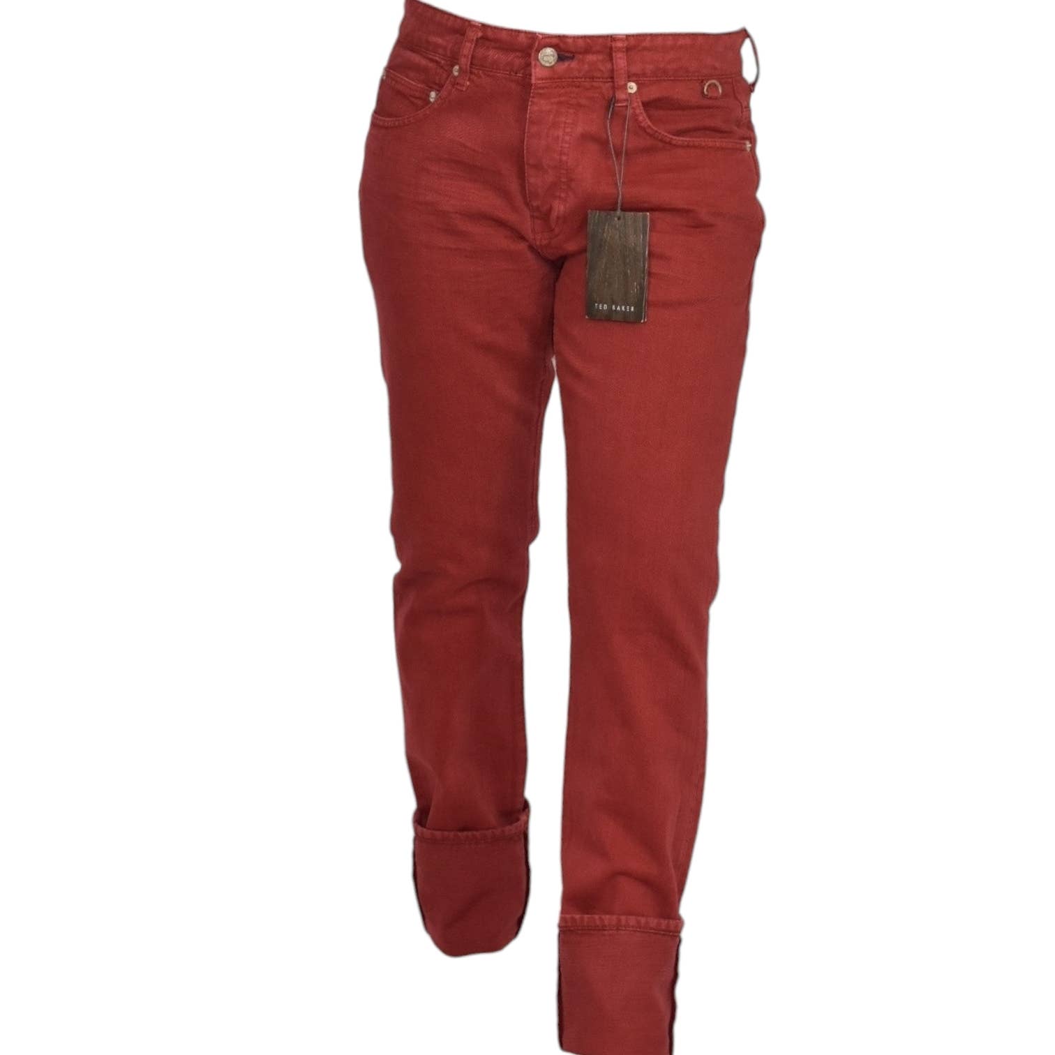 Ted Baker Tinned Sardines Jeans Red Denim Button Fly Straight Leg Slim Cotton Size 32 Mens