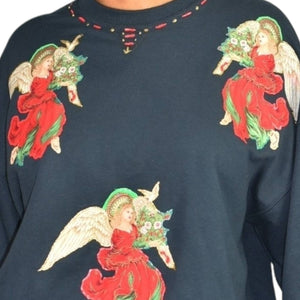 Christmas Angels Sweatshirt Black Homemade Painted Fruit of the Loom DIY Holiday Festive Size XL