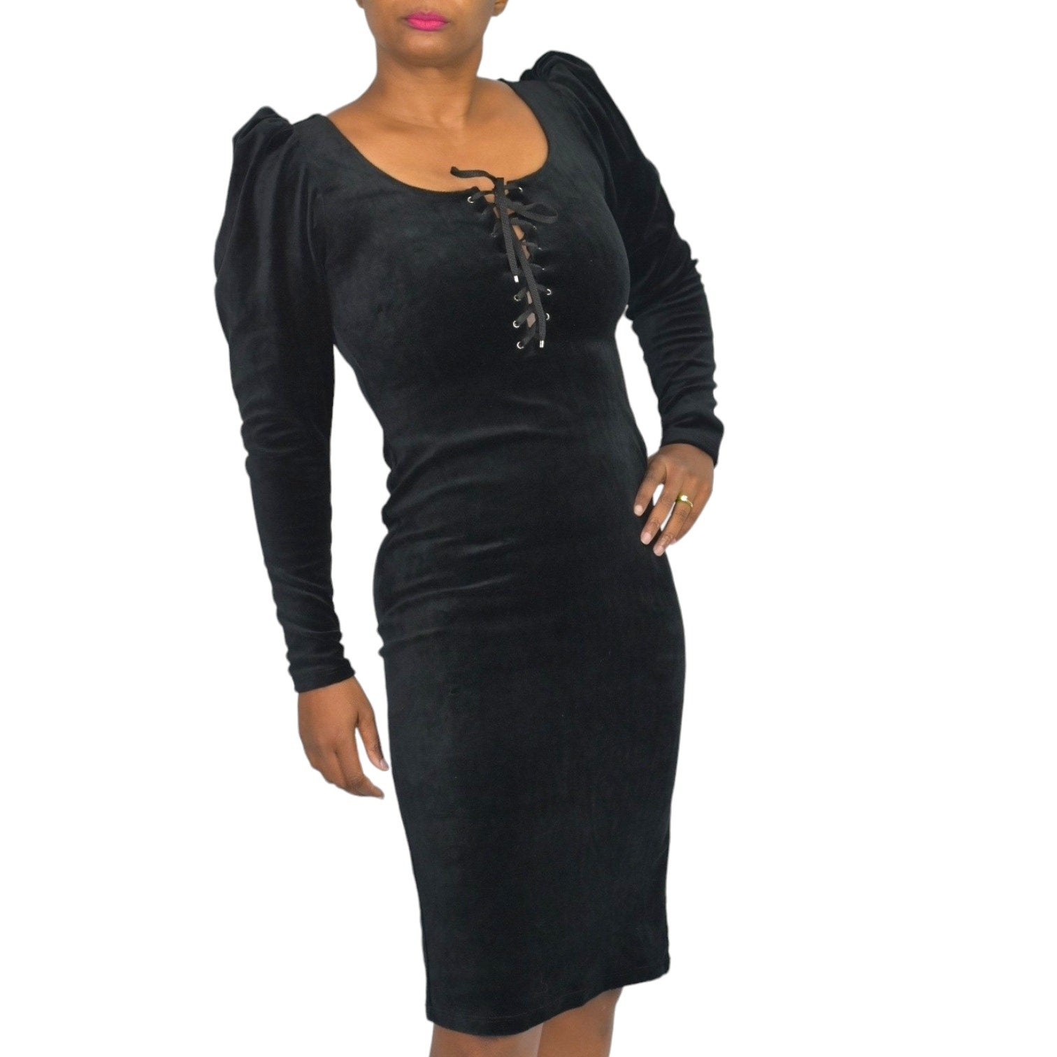 La Femme En Noir Sleepy Hollow Gothic Tales Dress Black Wiggle Velour Bodycon Puff Sleeve Size XS
