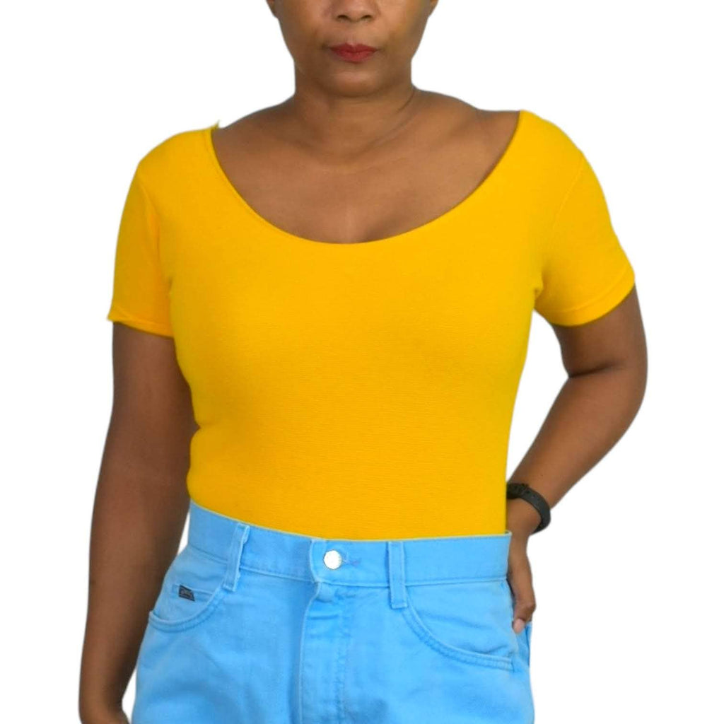 Vintage Betty Blue Bodysuit Yellow Ribbed Short Sleeve Boat Neck Size Medium