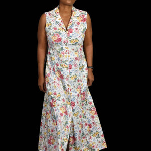 Vintage Lizwear Floral Maxi Dress White Cotton Baby Button Front Sleeveless Size 6