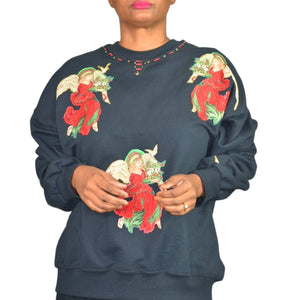 Christmas Angels Sweatshirt Black Homemade Painted Fruit of the Loom DIY Holiday Festive Size XL