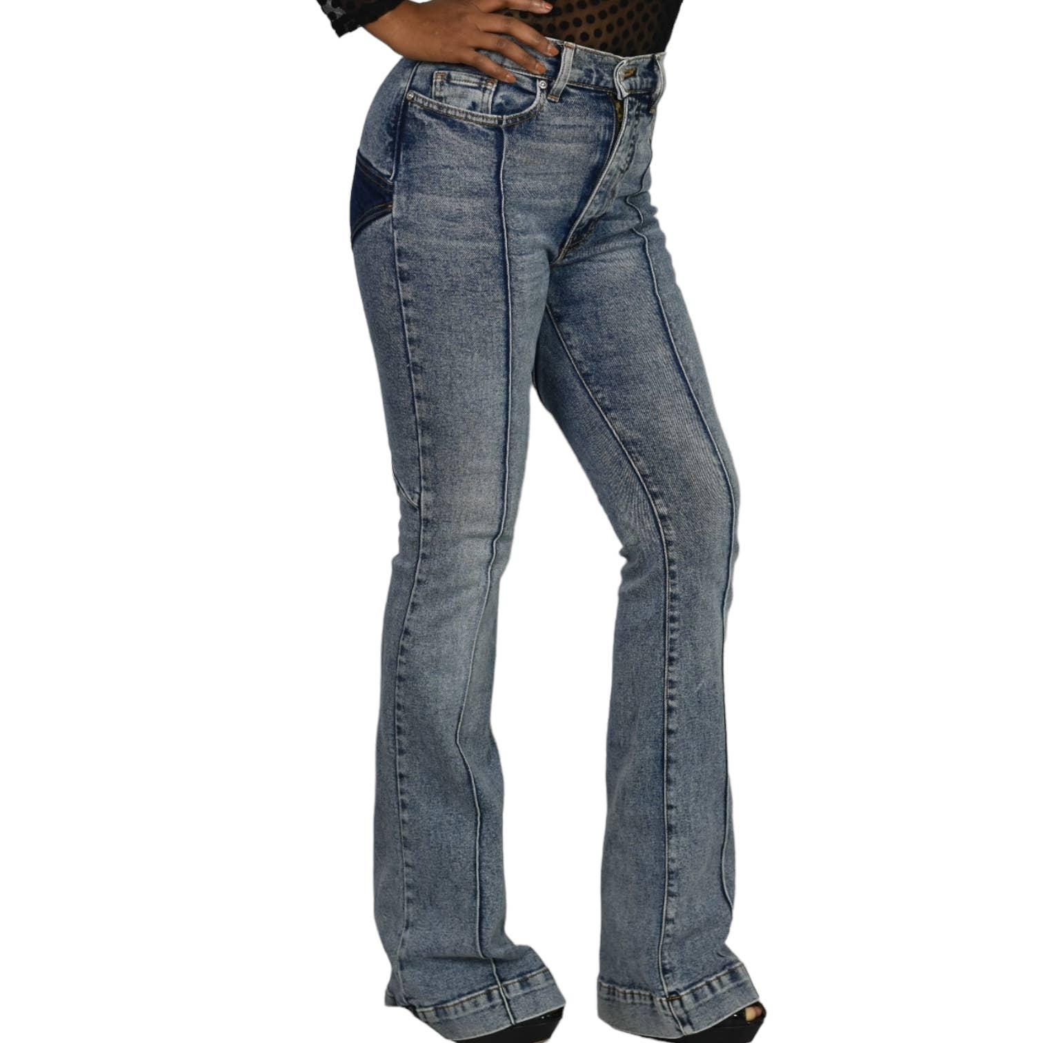 Revice Star Bottom Jeans Venus Blue Two Tone Denim Flare Medium Wash High Waisted Stretch Size 28