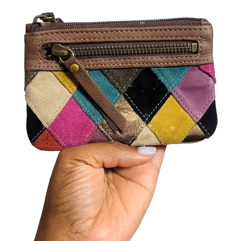 Fossil Patchwork Wallet Brown Multicolor Leather Retro Billfold Suede Coin Purse