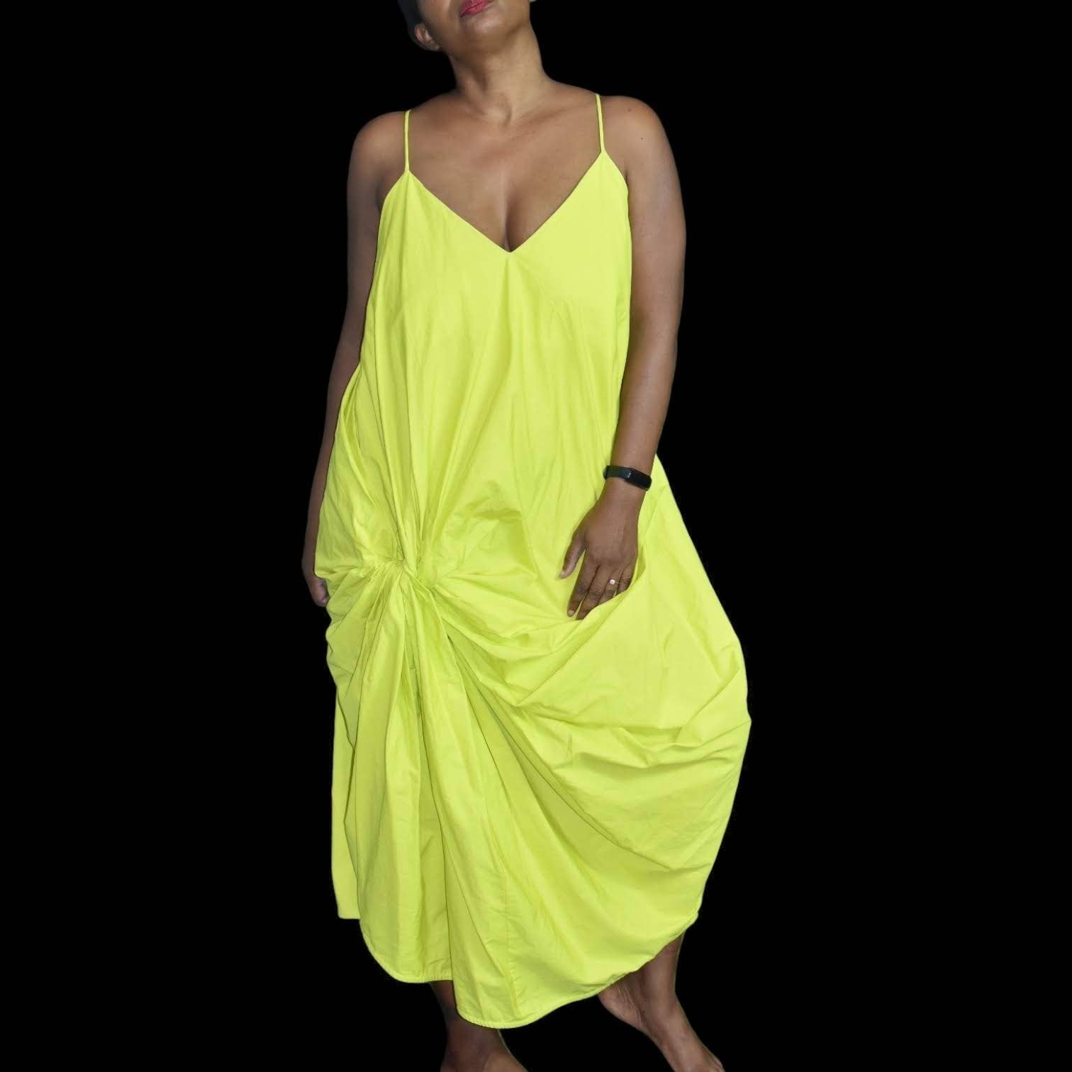 Zara Knotted Dress Yellow Highlighter Neon Poplin Midi Slipdress Draped Asymmetric Size Large