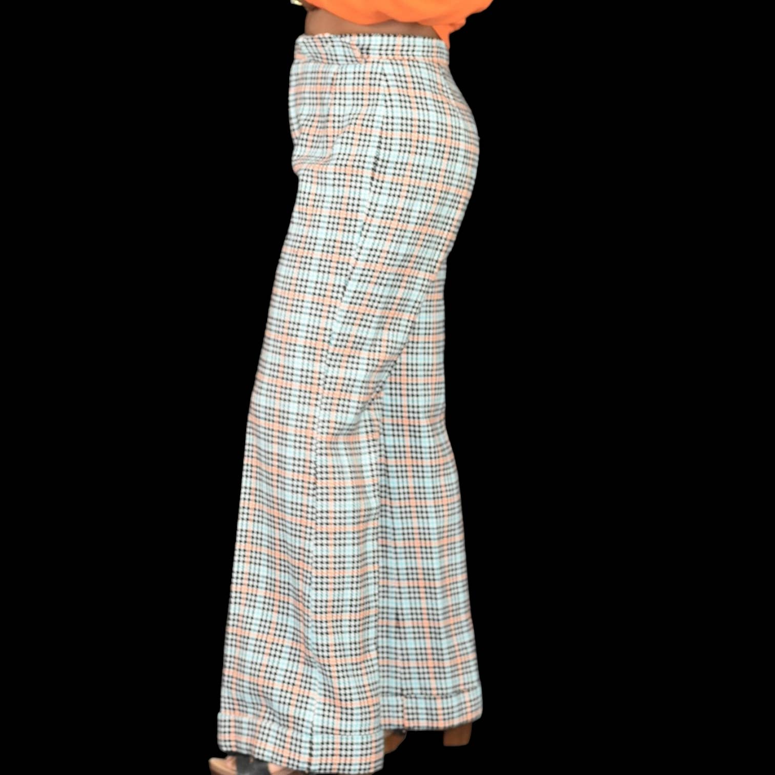 Vintage JCP Plaid Pants Blue Houndstooth Penneys Cuffed Flare Bell Bottoms Trousers 70s Wide Leg High Waist Size 4 27