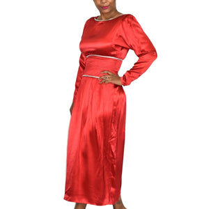 Vintage Satin Dress Red Straight Column Midi Crystals Shimmer Glam Low Back Size Small
