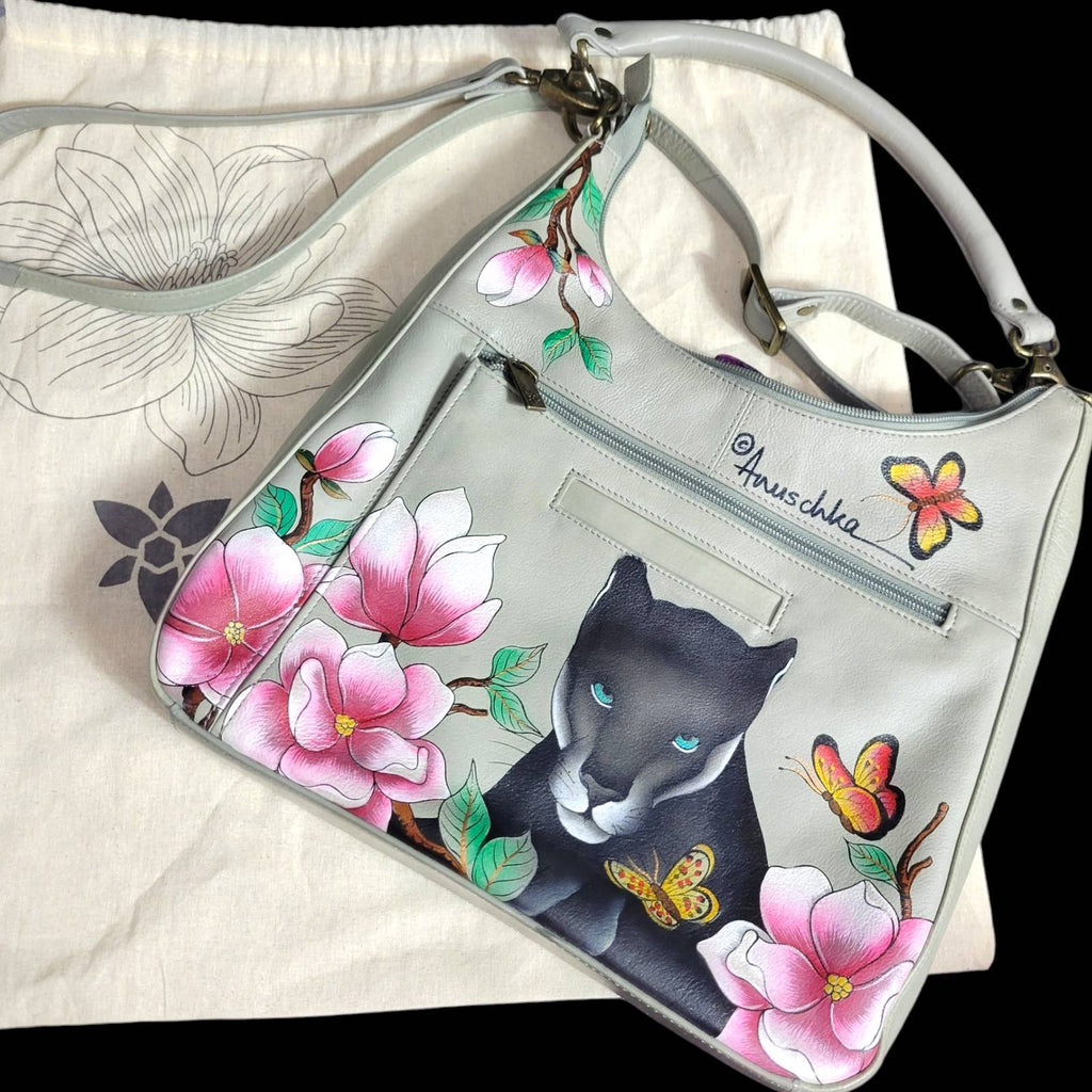 Anuschka Hobo Bag Grey Painted Leather Garden Panther Shoulder Crossbody Large Classic