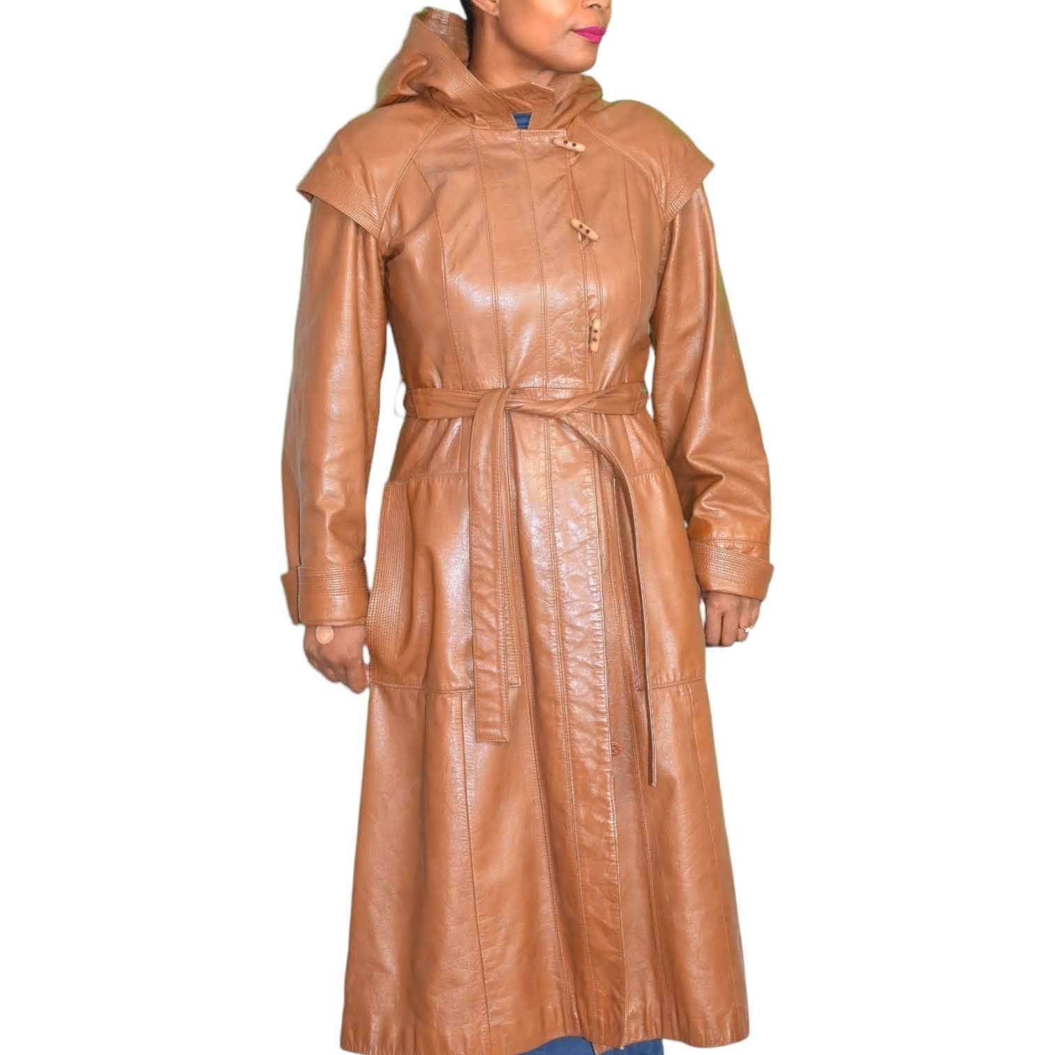 Leather Trench Coat Tan Brown Vintage Long Midi Hooded 80s Minimalist Size Small