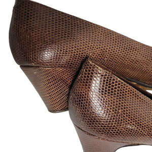 Vintage Bottega Veneta Heels Brown Pumps Snakeskin Embossed Leather Round Toe Bow Size 8.5 AA Narrow