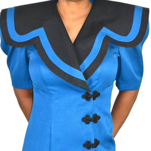 Vintage Ann Tobias Blazer Dress Blue 80s Power Suit Color Block Midi Wrap Padded Shoulder Pads Office Pilgrim Collar Size 4