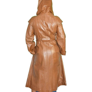 Leather Trench Coat Tan Brown Vintage Long Midi Hooded 80s Minimalist Size Small