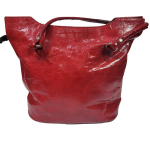 Vintage Laurel Burch Bucket Tote Leather Shoulder Bag Red Glazed Leather Horses Mustang Shiny Wearable Art