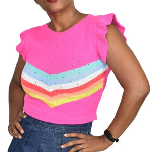 Pink Pointelle Sweater Vest Ruffle Flutter Sleeve Chevron Rainbow Color Block Size Small