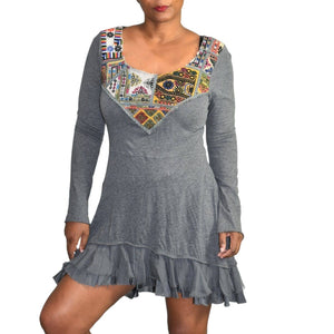 Johnny Was Tunic Dress Gray Patchwork Embroidery Tiered 4 Love and Liberty Small