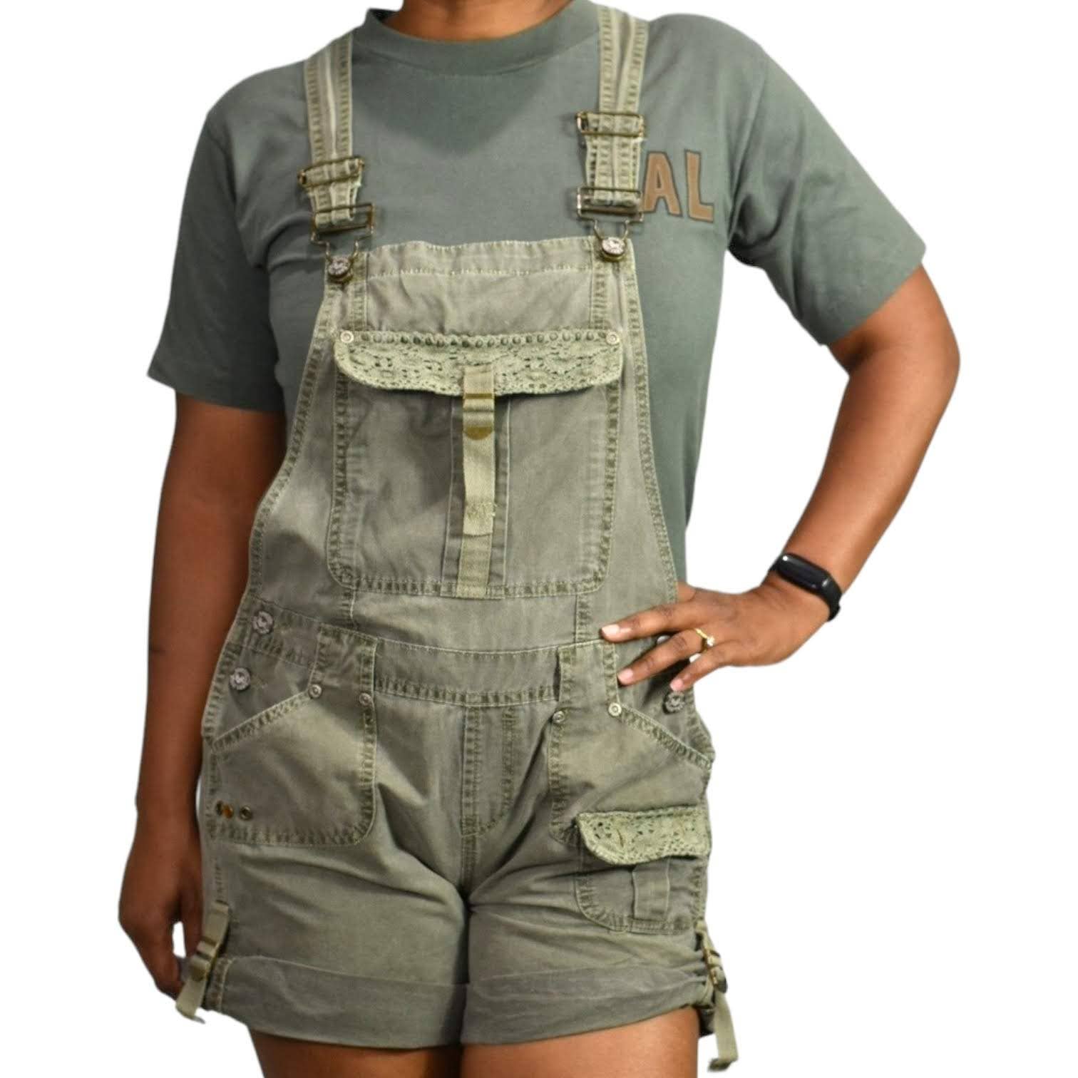 Vintage Squeeze Shortalls Bib Overalls Green Cuffed Cargo Low Rise Y2K Shorts Size Small