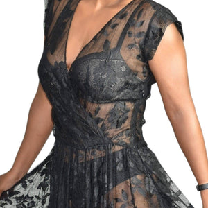 Vintage Sheer Lace Dress Black Midi Full Skirt A Line Nylon Mesh Crochet Penta Size 4