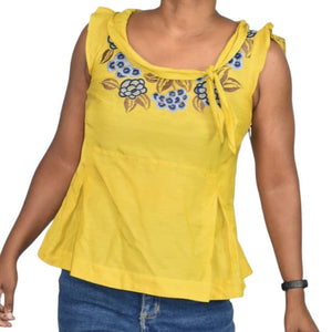 Anthropologie Floreat Embroidered Top Yellow Bateau Boat Neck Ruffle Cap Sleeve Blouse Size 6