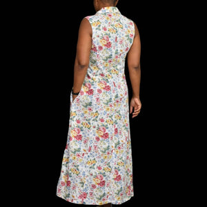 Vintage Lizwear Floral Maxi Dress White Cotton Baby Button Front Sleeveless Size 6