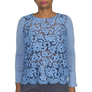 Sundance Ariadna Top Blue Lace Knit Sweater Scallop Hem Long Sleeves Size XS