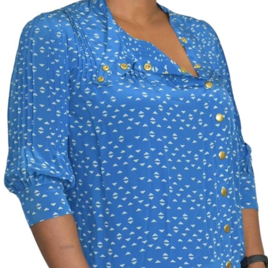 Lauren Moffat Woodstock Silk Blouse Blue Pintuck Asymmetric Abstract Geo Print Shirt Size Small