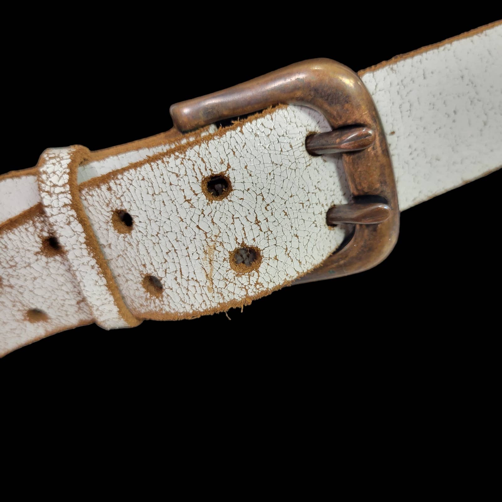 Les Temps Des Cerises White Belt Crackled Leather Studded Branded Double Prong Size Medium