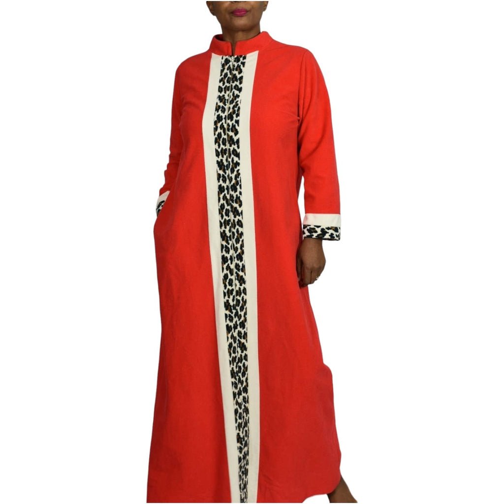 Vanity Fair Velour Housecoat Robe Red Leopard Print Loungewear Maxi Cozy Size Medium
